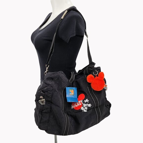 Disney Mickey Mouse Unlimited Vintage 90s Black Duffle Bag Plush Keychain New - Picture 1 of 12